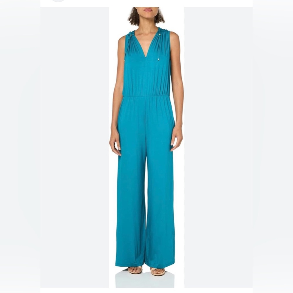 Trina Turk Large Vibrant Teal V Neck Sleeveless Jumpsuit W/ Gold Accents